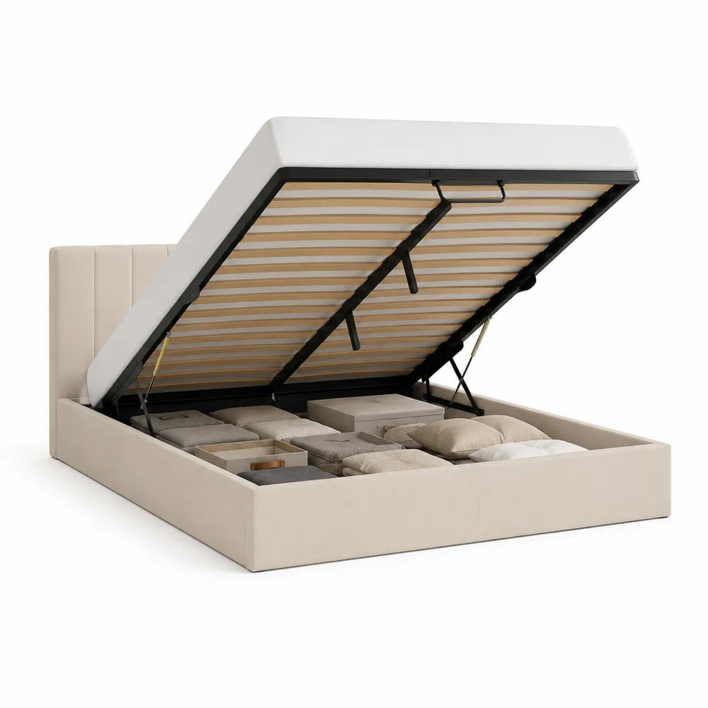 Stauraumbett Polsterbett Doppelbett mit Bettkasten Hebemechanismus Polyesterbezug Beige 160 x 200 cm