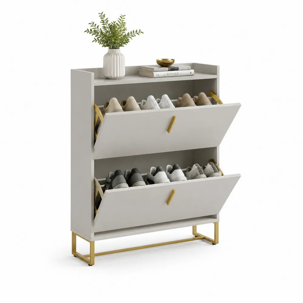 Schuhschrank mit 2 Klappen MDF Weiß Gold Metallfüße Rechteckig 80 x 35 x 120 cm