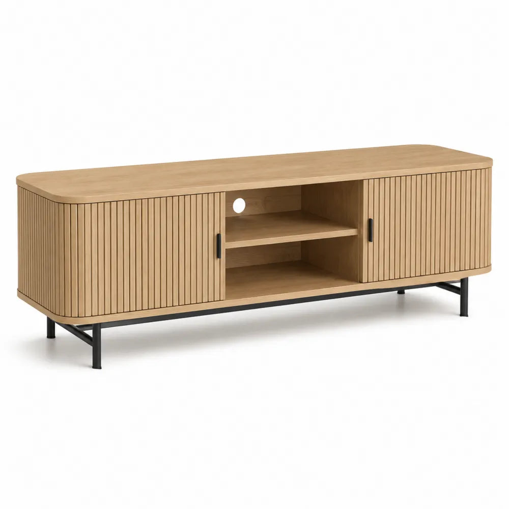 TV Lowboard mit zwei Türen MDF geriffelte Fronten Metallgestell Natur Schwarz 220 x 40 x 55 cm