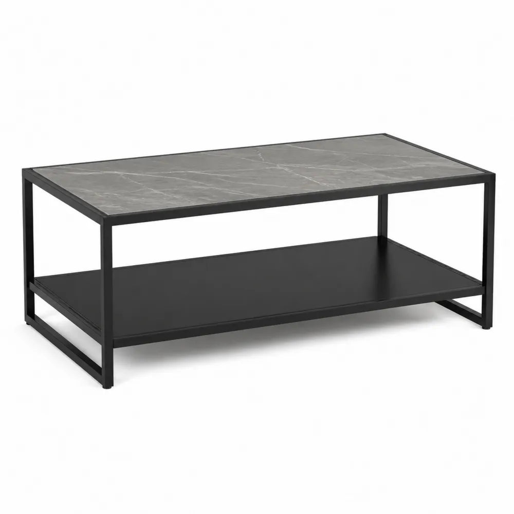 Couchtisch rechteckig MDF mit Ablagefach Marmoroptik Metallgestell Schwarz Grau 120 x 60 x 40 cm
