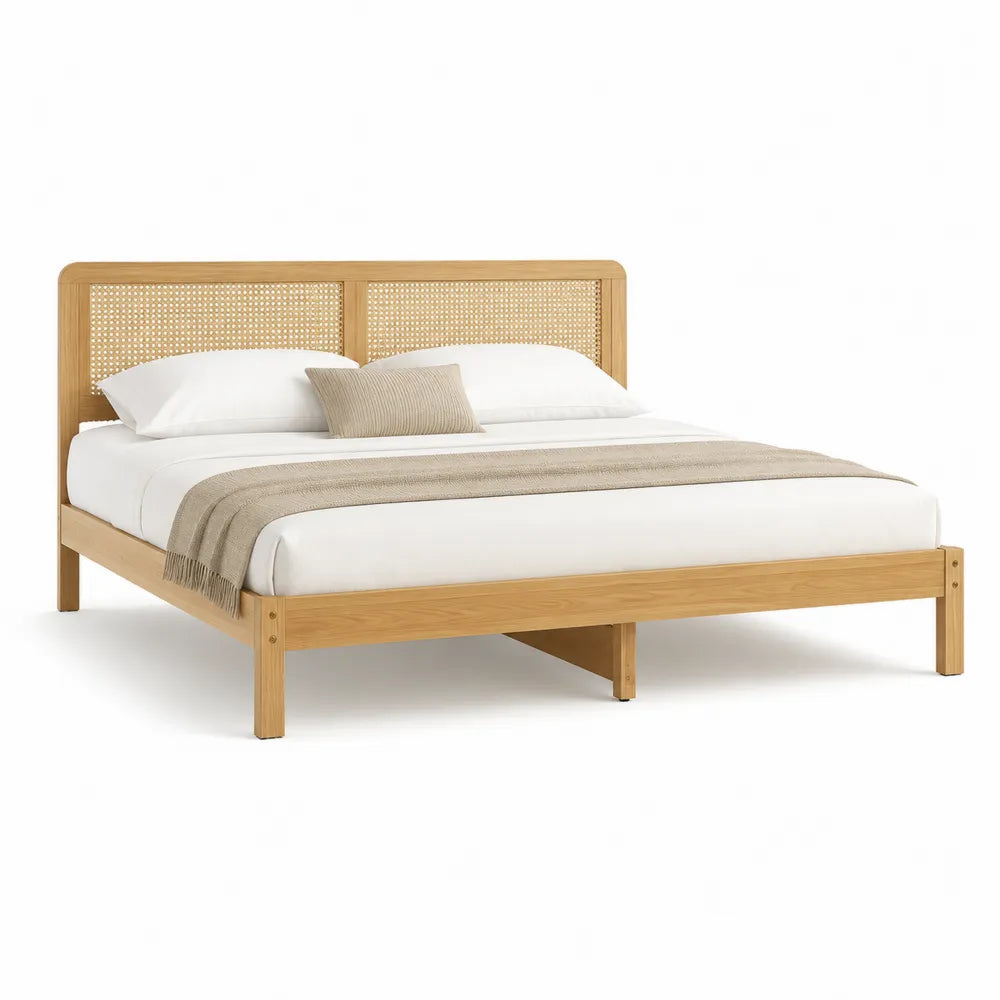 Holzbett Doppelbett mit Rattan Kopfteil Kiefer Massivholz Natur 180 x 200 cm