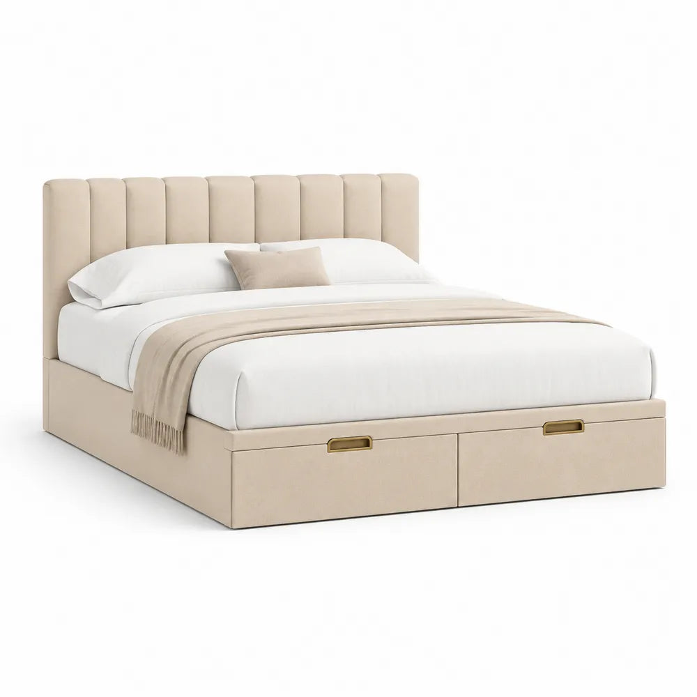 Polsterbett Doppelbett mit Schubladen Polyester Bezug gepolstertem Kopfteil Beige 160 x 200 cm