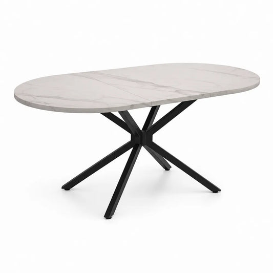 Esstisch Oval Keramik Tischplatte Marmoroptik Stahlgestell Schwarz Weiß 180 cm x 90 cm x 75 cm