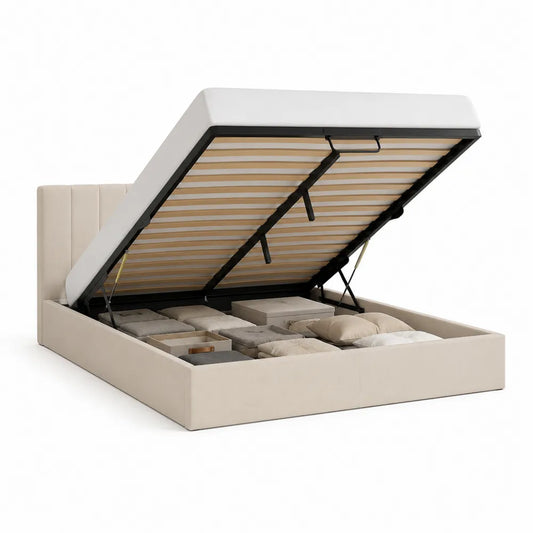 Stauraumbett Polsterbett Doppelbett mit Bettkasten Hebemechanismus Polyesterbezug Beige 160 x 200 cm