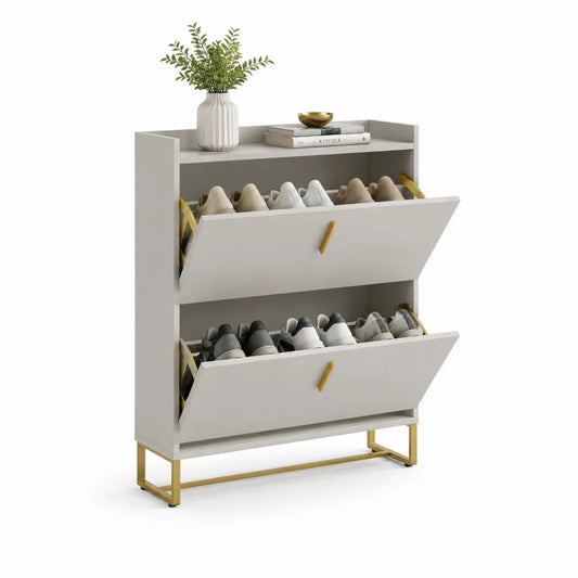 Schuhschrank mit 2 Klappen MDF Weiß Gold Metallfüße Rechteckig 80 x 35 x 120 cm