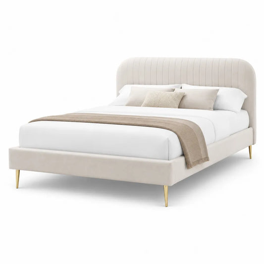 Polsterbett Doppelbett mit gepolstertem Kopfteil Polyesterbezug Metallfüße Beige 180 x 200 cm