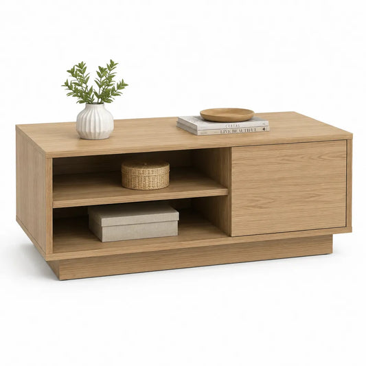 Couchtisch MDF rechteckig mit Tür offenem Fach Eiche Optik Natur 120 x 60 x 45 cm