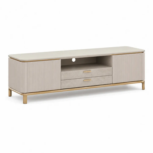TV Lowboard mit 2 Türen 2 Schubladen MDF geriffelte Front Cremeweiß Gold 220 x 40 x 55 cm