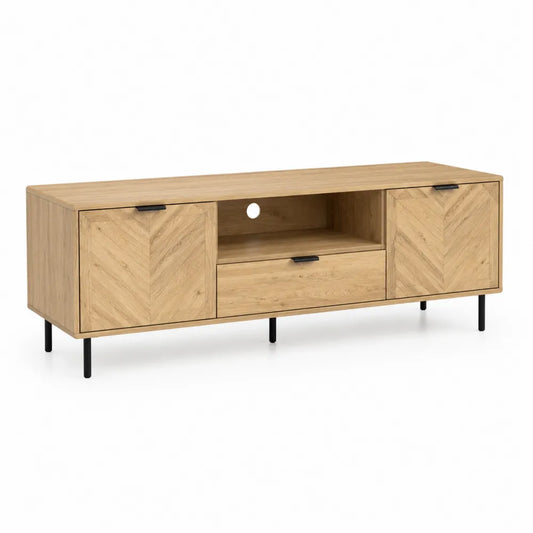 TV Lowboard MDF Eiche Optik mit Türen Schublade und offenem Fach Natur Schwarz 200 x 40 x 50 cm