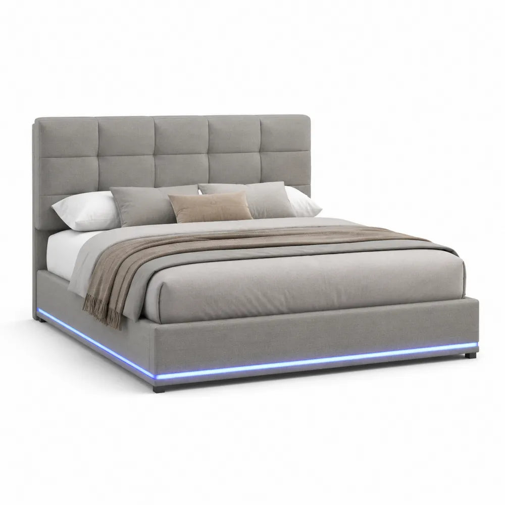 Polsterbett Doppelbett mit LED Beleuchtung gepolstertem Kopfteil Polyesterbezug Grau 180 x 200 cm