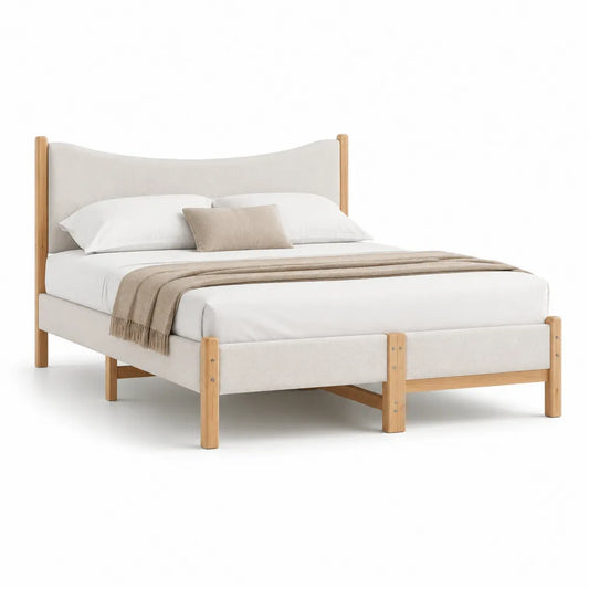 Polsterbett Doppelbett mit gepolstertem Kopfteil Polyester Bezug Holzfüße Beige 180 x 200 cm