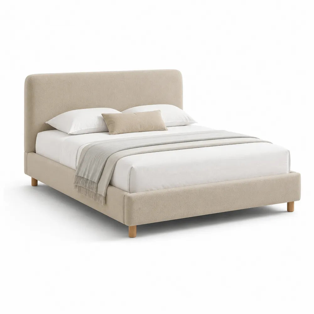 Polsterbett Doppelbett mit gepolstertem Kopfteil Polyesterbezug Massivholzfüße Beige 180 x 200 cm