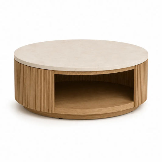 Couchtisch rund MDF mit Ablagefach Steinoptik Eichefarben Beige 90 x 90 x 35 cm