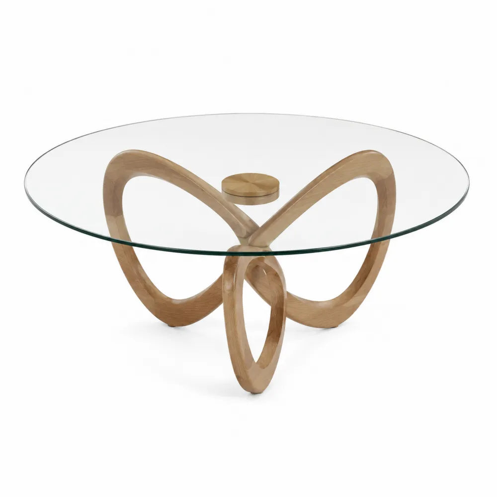 Couchtisch rund Glasplatte Sicherheitsglas Holzgestell Natur Transparent 120 cm x 120 cm x 40 cm