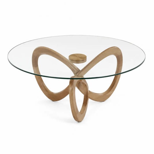 Couchtisch rund Glasplatte Sicherheitsglas Holzgestell Natur Transparent 120 cm x 120 cm x 40 cm
