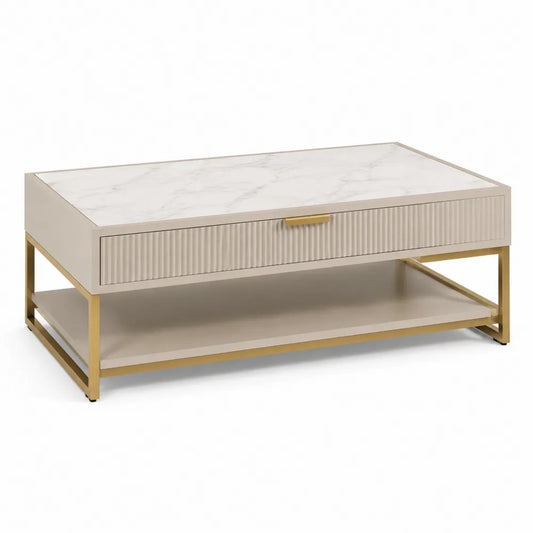 Couchtisch rechteckig mit Schublade Ablage MDF Marmoroptik Weiß Gold Stahlgestell 120 x 60 x 40 cm