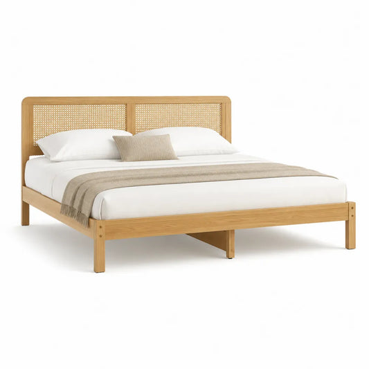 Holzbett Doppelbett mit Rattan Kopfteil Kiefer Massivholz Natur 180 x 200 cm